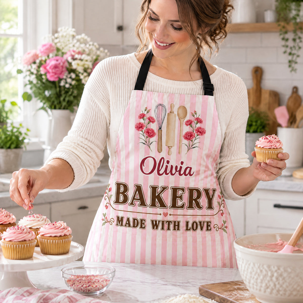 Bakery Made With Love - Personalized Apron, Custom Name Striped Floral Baking Utensils Apron