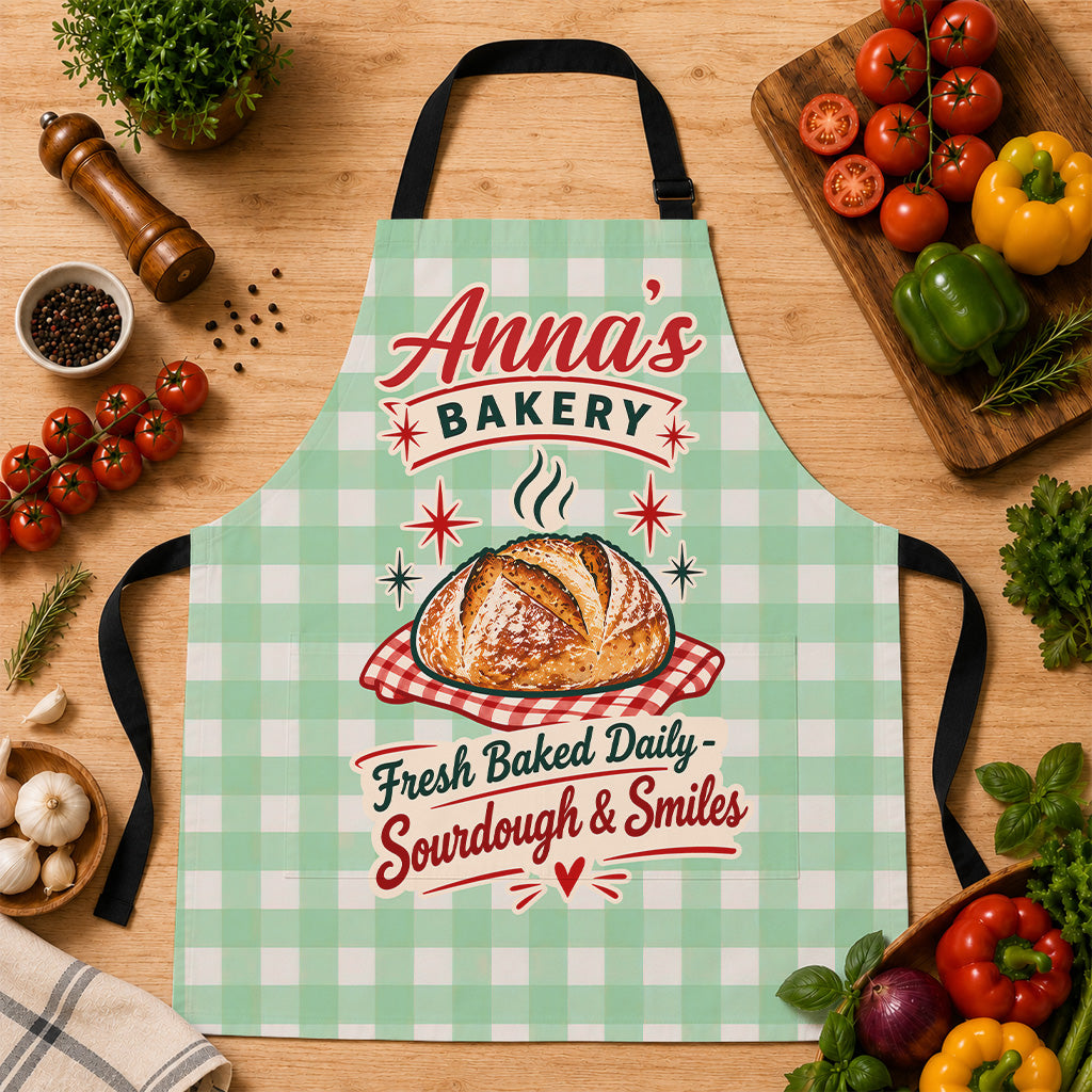 Personalized Sourdough Baking Apron, Custom Name Bakery Apron with Retro Bread Design, Fresh Baked Daily Kitchen Gift for Bread Bakers, Home Bakers and Mom
