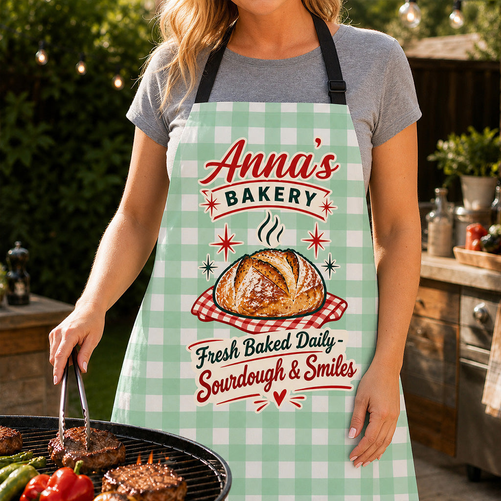 Personalized Sourdough Baking Apron, Custom Name Bakery Apron with Retro Bread Design, Fresh Baked Daily Kitchen Gift for Bread Bakers, Home Bakers and Mom