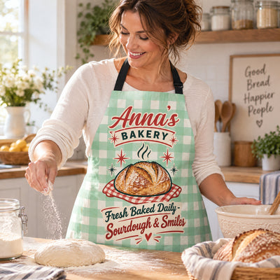 Personalized Sourdough Baking Apron, Custom Name Bakery Apron with Retro Bread Design, Fresh Baked Daily Kitchen Gift for Bread Bakers, Home Bakers and Mom