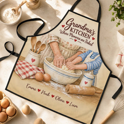 Personalized Grandma's Kitchen Apron, Custom Grandkids Names Baking Apron, Where Memories Are Baked, Vintage Cooking Gift for Grandma, Nana or Mimi, Mother's Day Gift