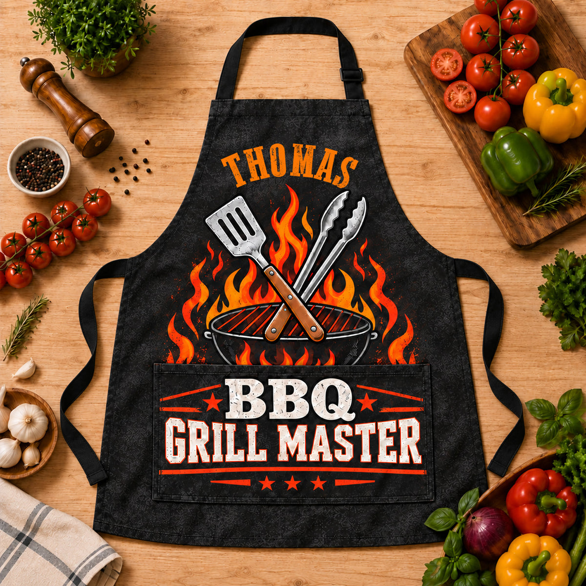 BBQ Grill Master Flaming Spatula - Personalized Apron, Gift For BBQ Lovers