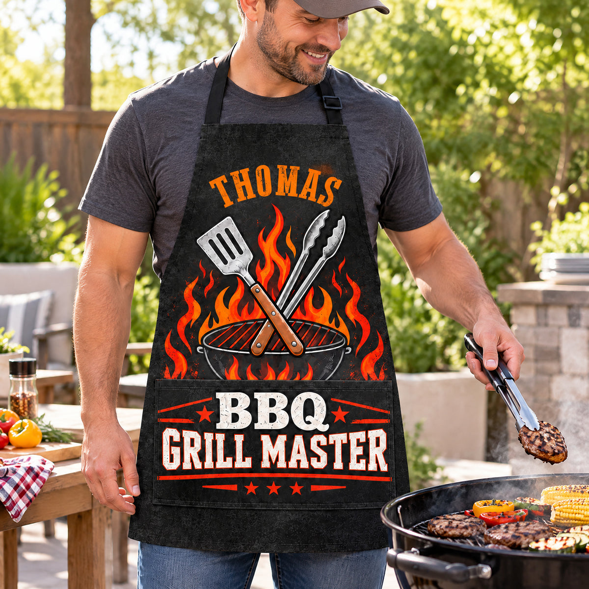 BBQ Grill Master Flaming Spatula - Personalized Apron, Gift For BBQ Lovers