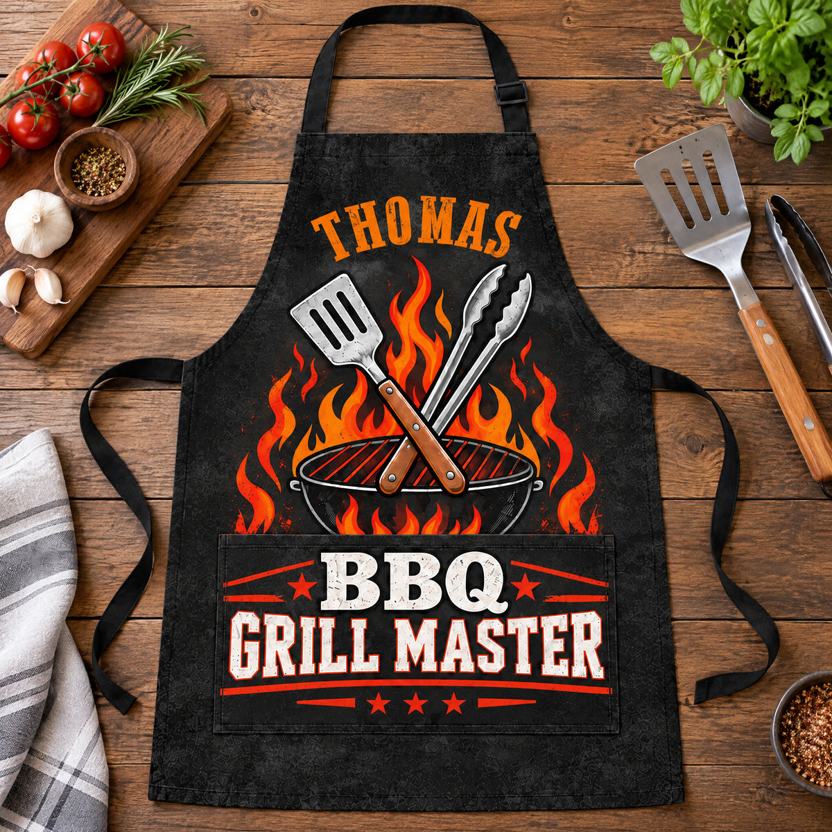 BBQ Grill Master Flaming Spatula - Personalized Apron, Gift For BBQ Lovers