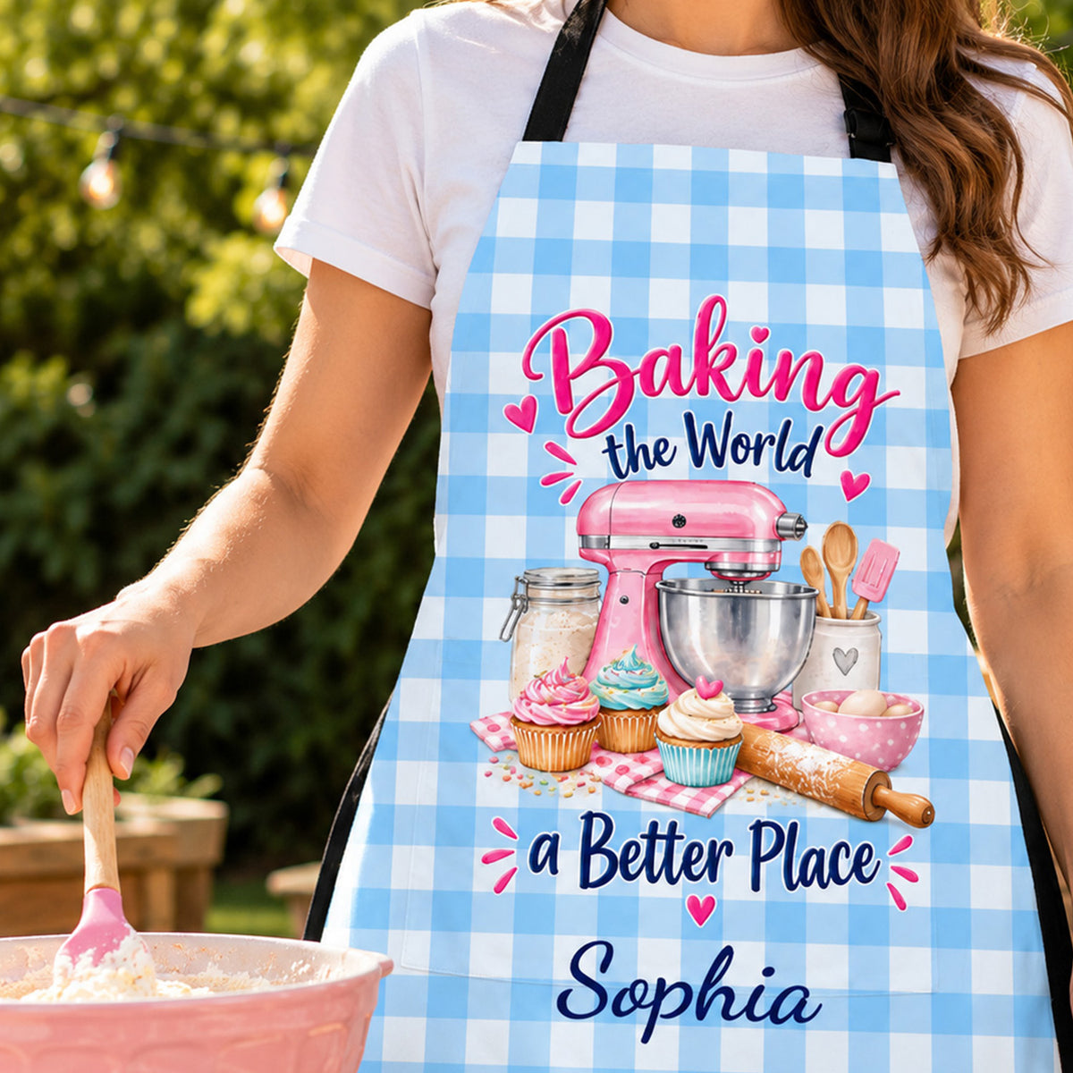 Pink Mixer and Cupcakes Personalized Baking Apron, Custom Name Cupcake and Pink Mixer Kitchen Apron, Cute Blue Gingham Baking Gift for Home Bakers