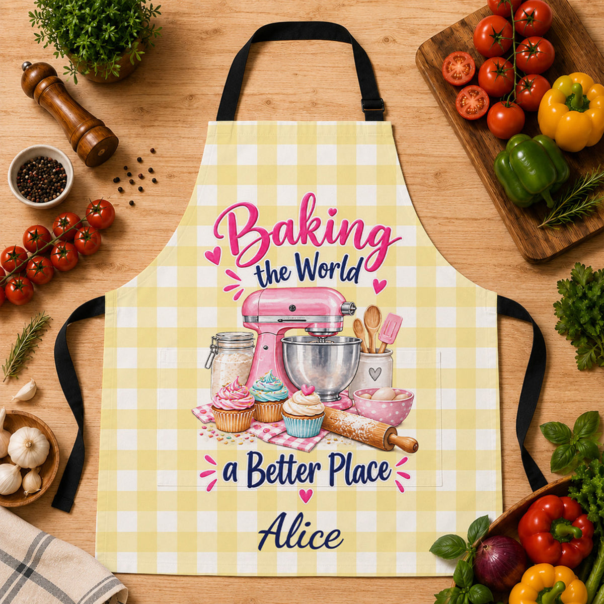 Pink Mixer and Cupcakes Personalized Baking Apron, Custom Name Cupcake and Pink Mixer Kitchen Apron, Cute Blue Gingham Baking Gift for Home Bakers