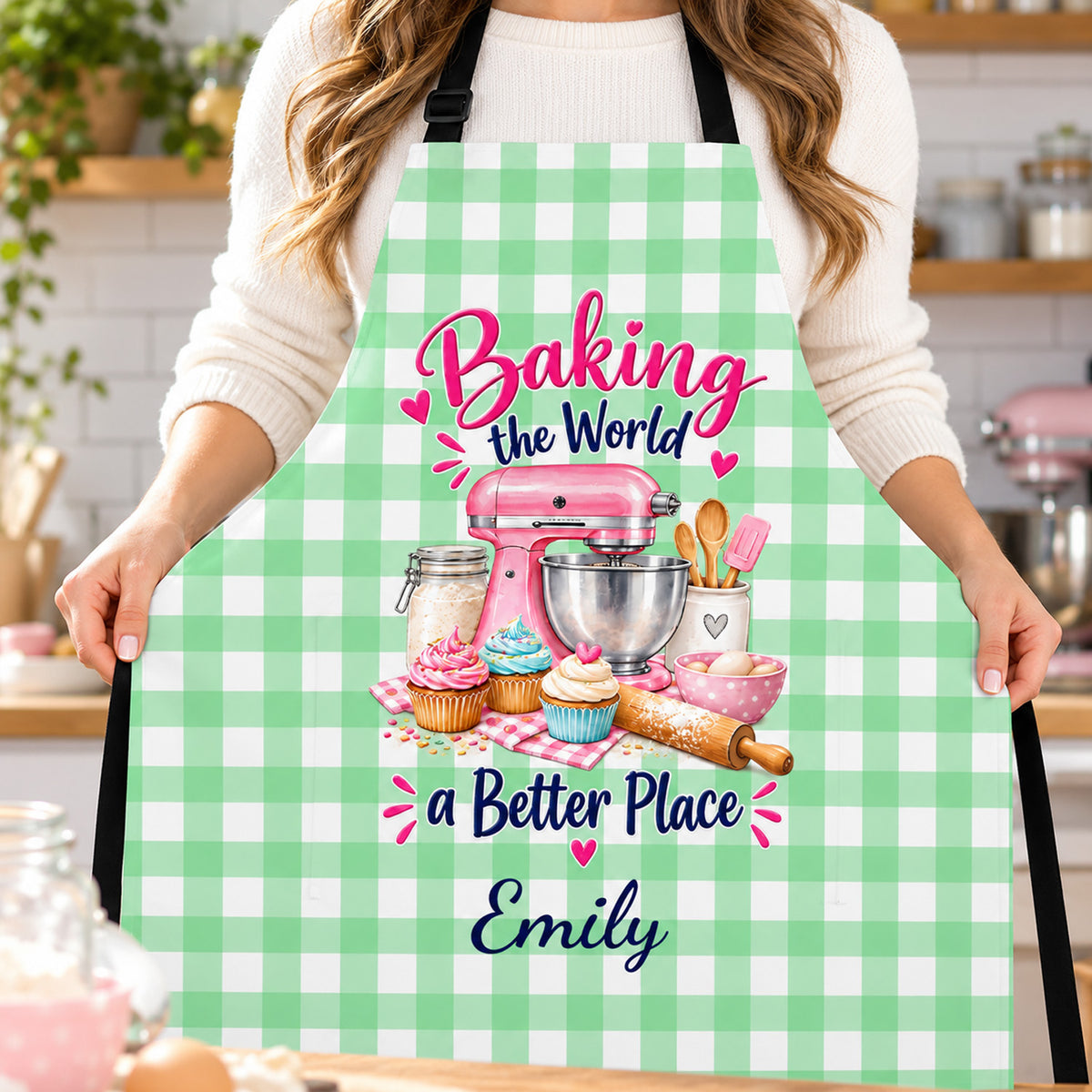 Pink Mixer and Cupcakes Personalized Baking Apron, Custom Name Cupcake and Pink Mixer Kitchen Apron, Cute Blue Gingham Baking Gift for Home Bakers