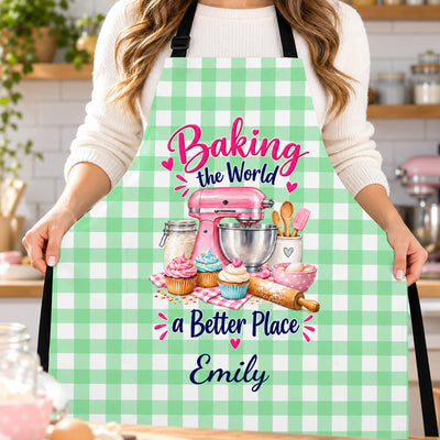 Pink Mixer and Cupcakes Personalized Baking Apron, Custom Name Cupcake and Pink Mixer Kitchen Apron, Cute Blue Gingham Baking Gift for Home Bakers