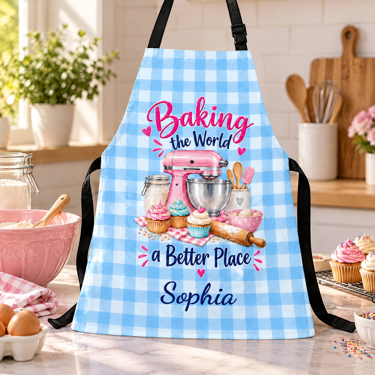 Pink Mixer and Cupcakes Personalized Baking Apron, Custom Name Cupcake and Pink Mixer Kitchen Apron, Cute Blue Gingham Baking Gift for Home Bakers