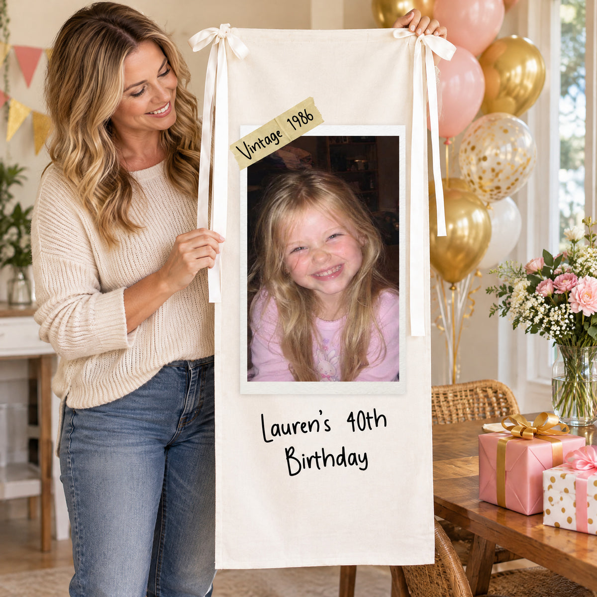 Personalized vertical photo party backdrop held by a smiling woman with balloons, flowers and gifts behind her