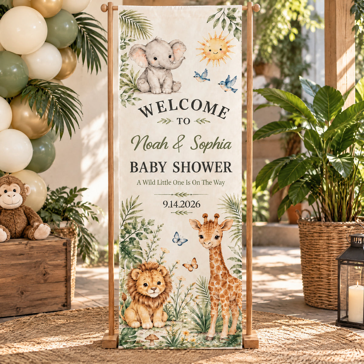 Personalized Safari Baby Shower Banner on a wooden stand outdoors with balloons, plush monkey and lantern