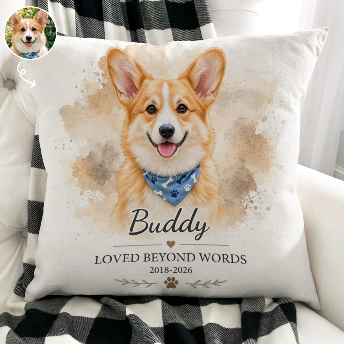 Miss You So Much - Personalized Pillow, Custom Watercolor Pet Photo and Name Pillow, Gift for Pet Lovers
