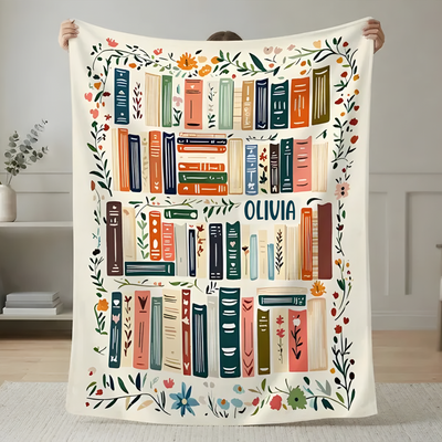 Her Cozy Library - Personalized Blanket, Custom Name Reading Throw, Cozy Library Gift for Book Lovers