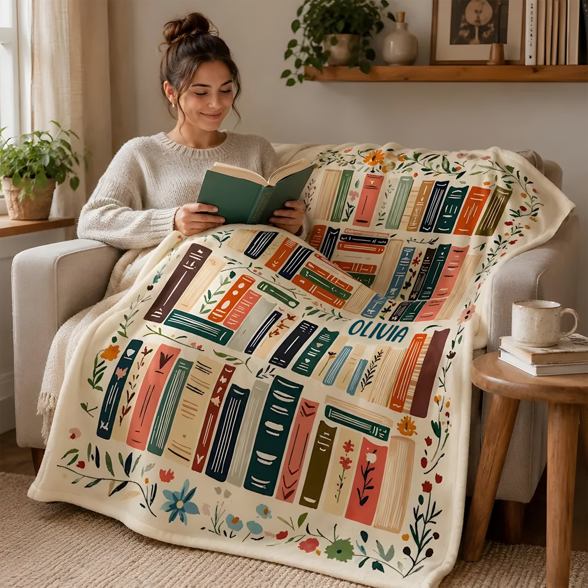 Her Cozy Library - Personalized Blanket, Custom Name Reading Throw, Cozy Library Gift for Book Lovers