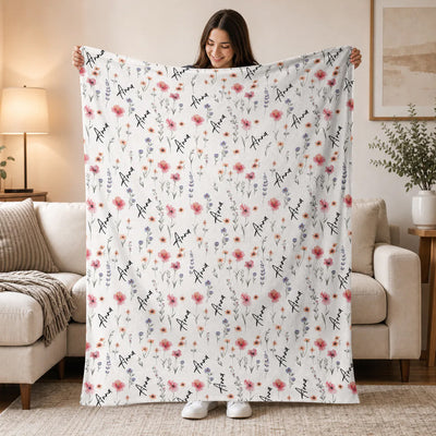 Soft Wildflowers - Personalized Blanket,  Custom Baby Name Blanket, Newborn Girl Nursery Gift