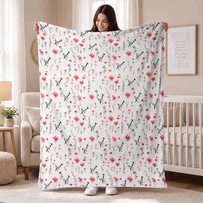 Soft Wildflowers - Personalized Blanket,  Custom Baby Name Blanket, Newborn Girl Nursery Gift