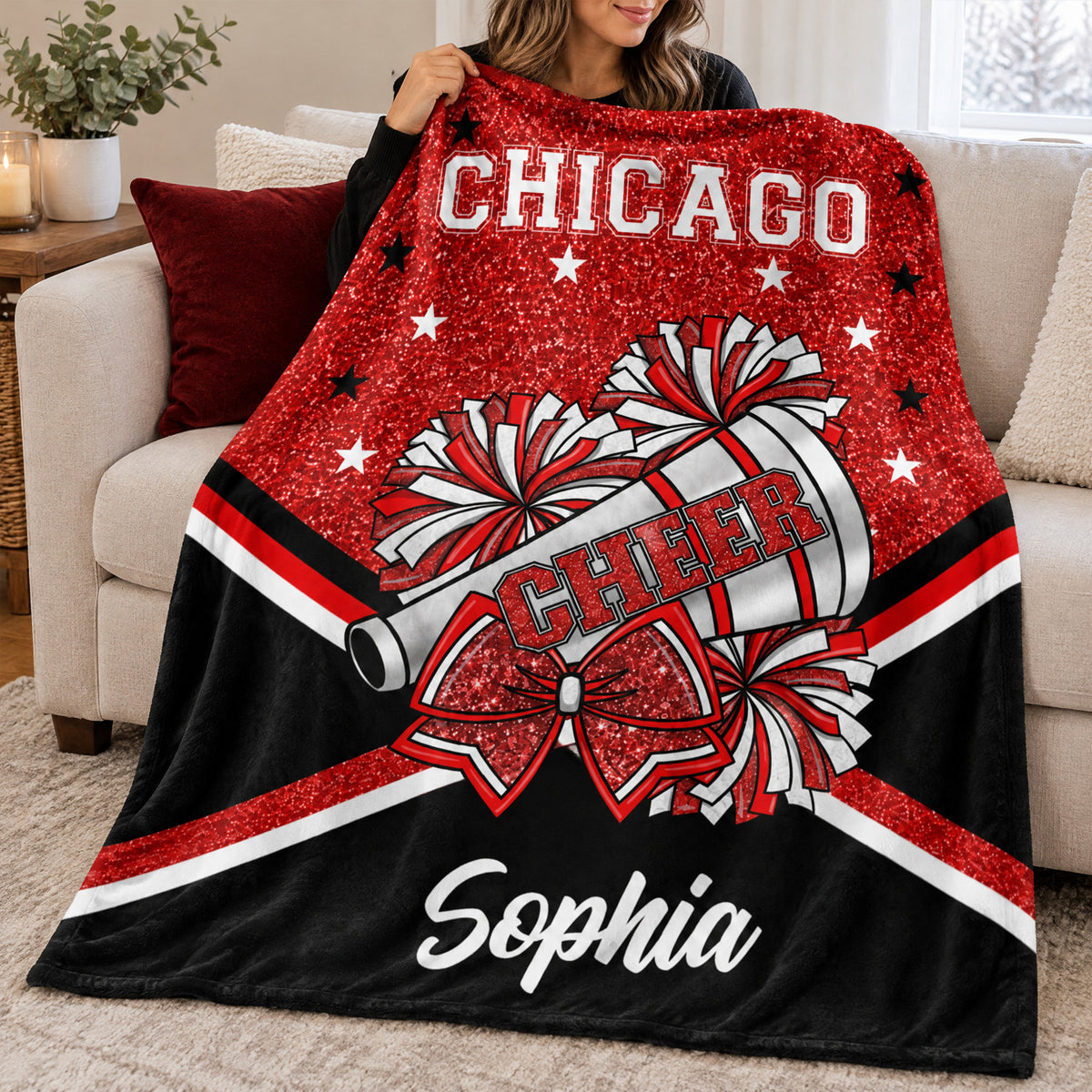 Keep Calm And Cheer On - Personalized Blanket, Custom Team Name Cheerleading Blanket, Gift for Her