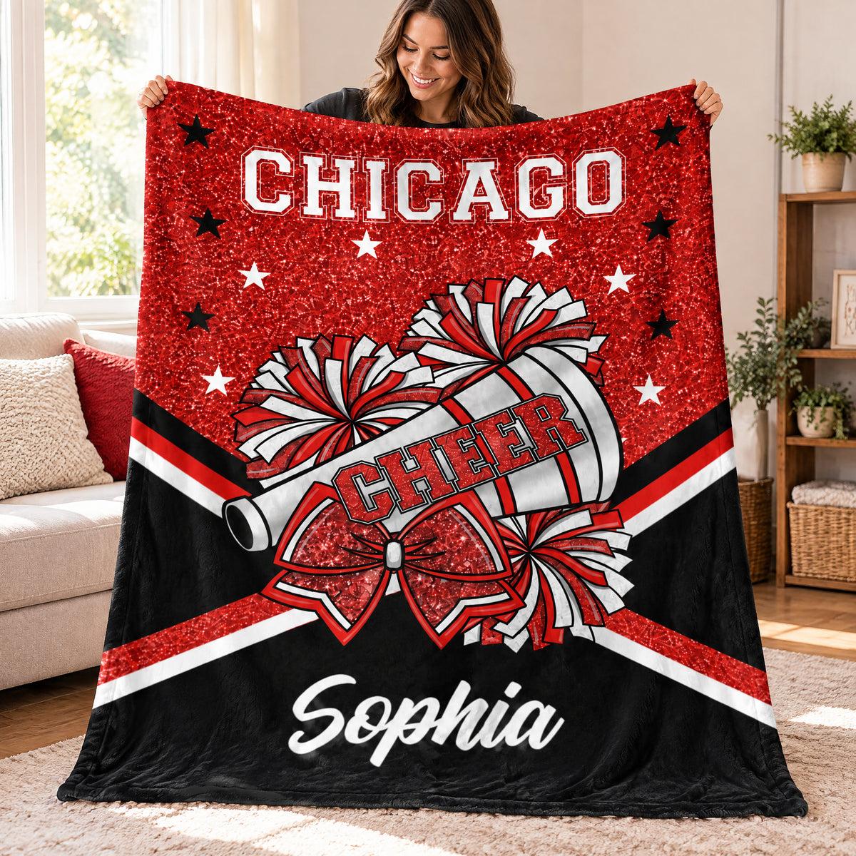 Keep Calm And Cheer On - Personalized Blanket, Custom Team Name Cheerleading Blanket, Gift for Her