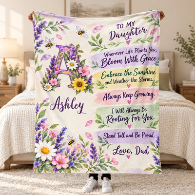 To My Daughter- Personalized Blanket, Gift For Daughter, Watercolor Wildflower Initial Blanket for Daughter
