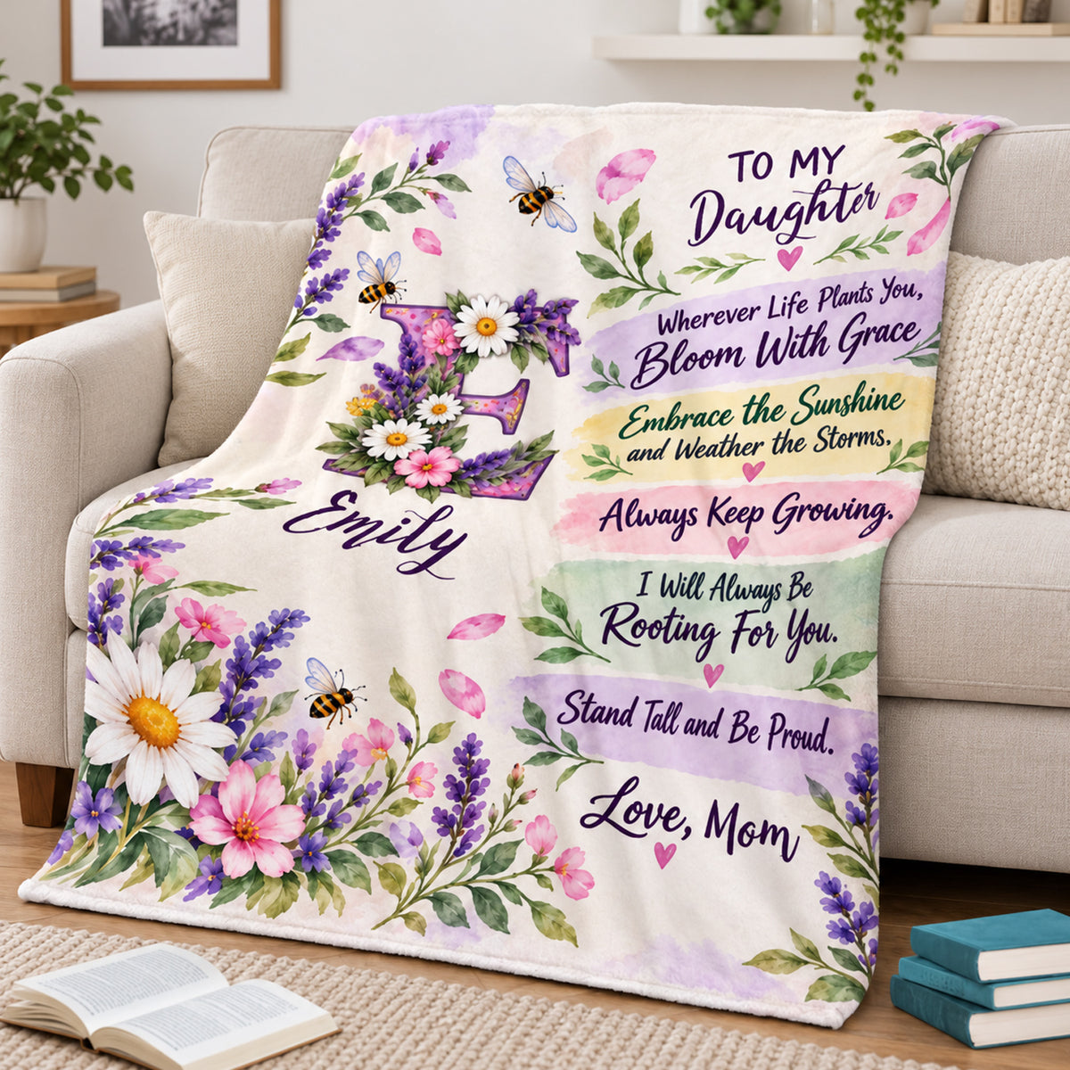 To My Daughter- Personalized Blanket, Gift For Daughter, Watercolor Wildflower Initial Blanket for Daughter