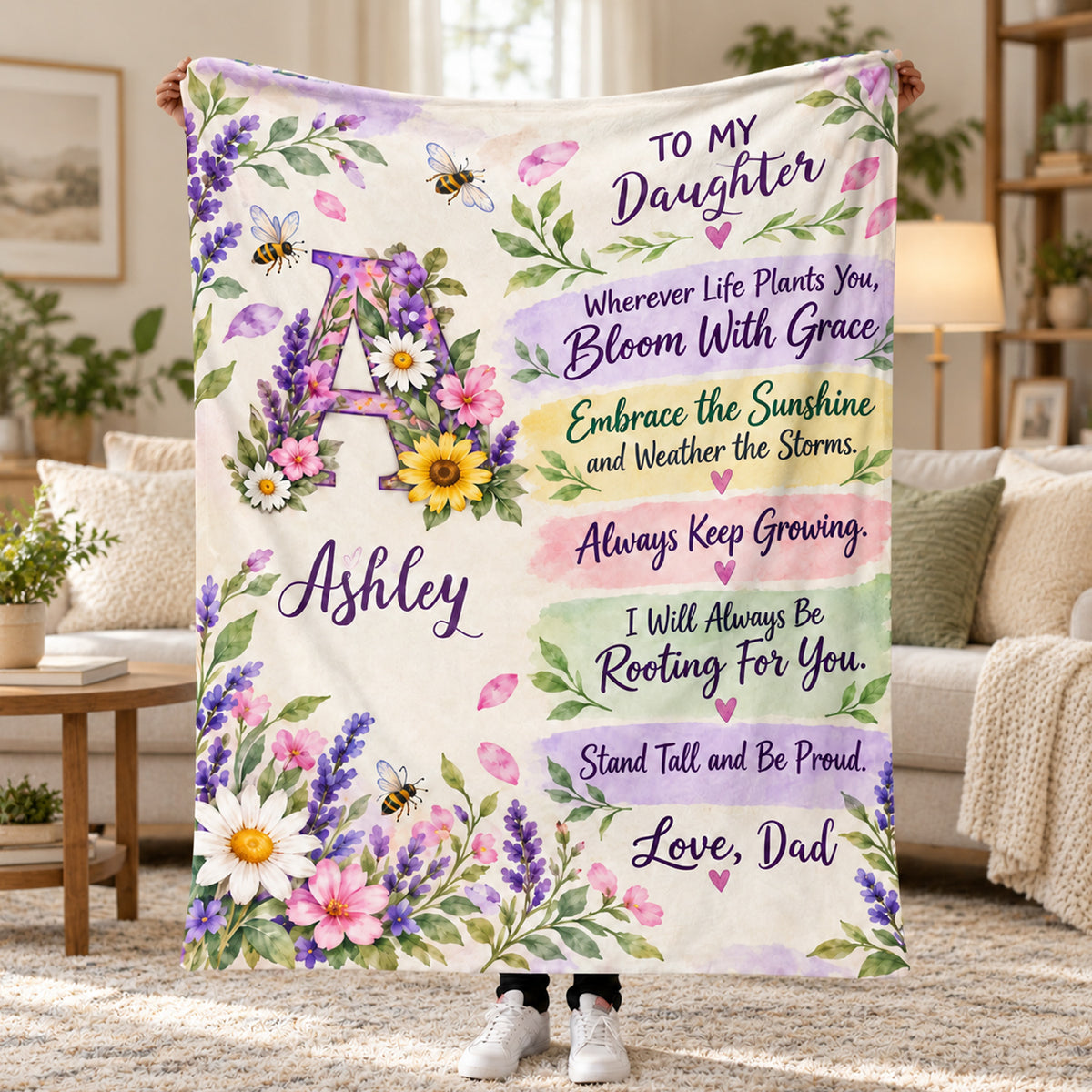 To My Daughter- Personalized Blanket, Gift For Daughter, Watercolor Wildflower Initial Blanket for Daughter