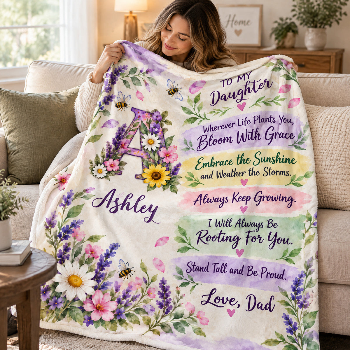 To My Daughter- Personalized Blanket, Gift For Daughter, Watercolor Wildflower Initial Blanket for Daughter