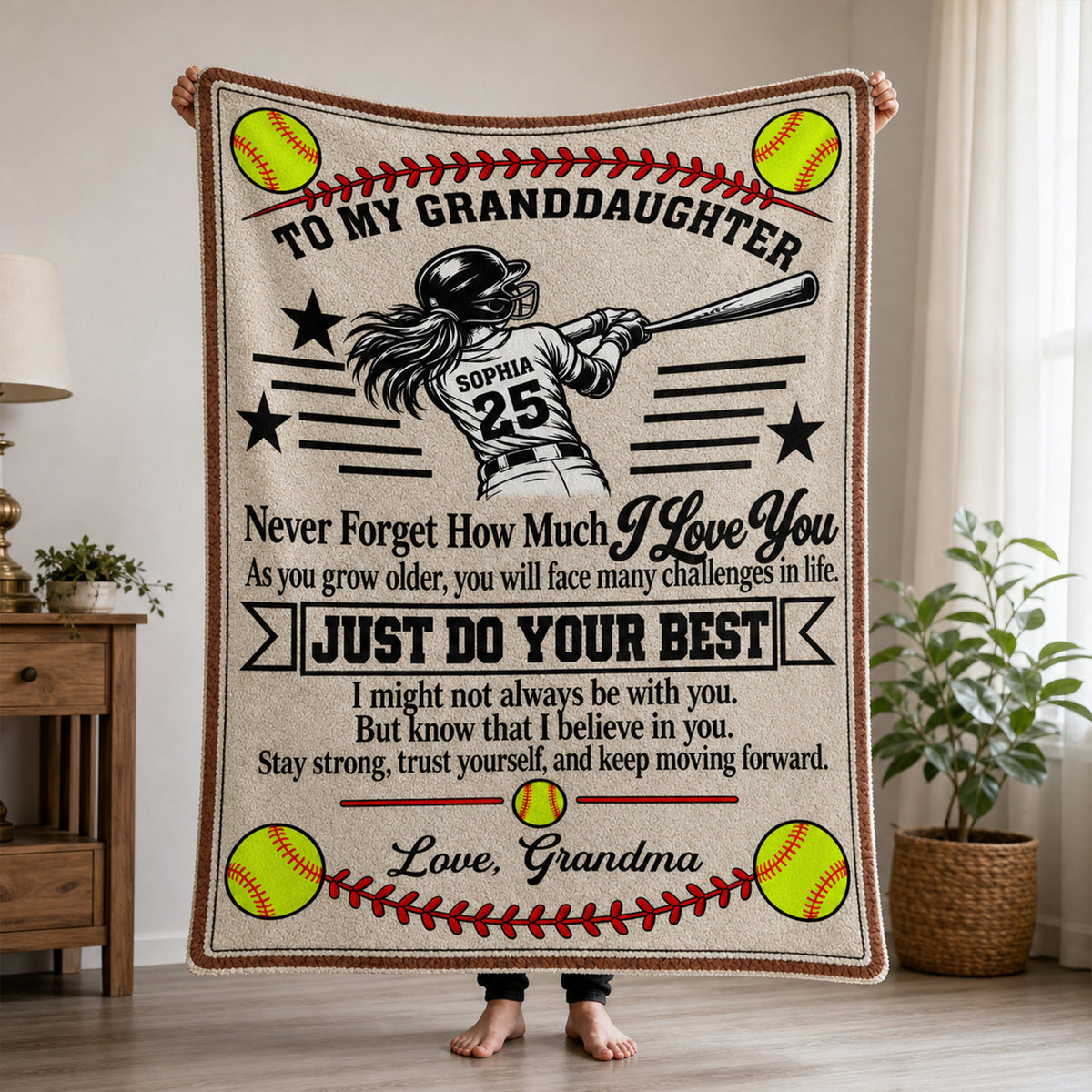 To My Granddaughter Softball - Personalized Blanket, Gift For Granddaughter, Softball Lovers Gift