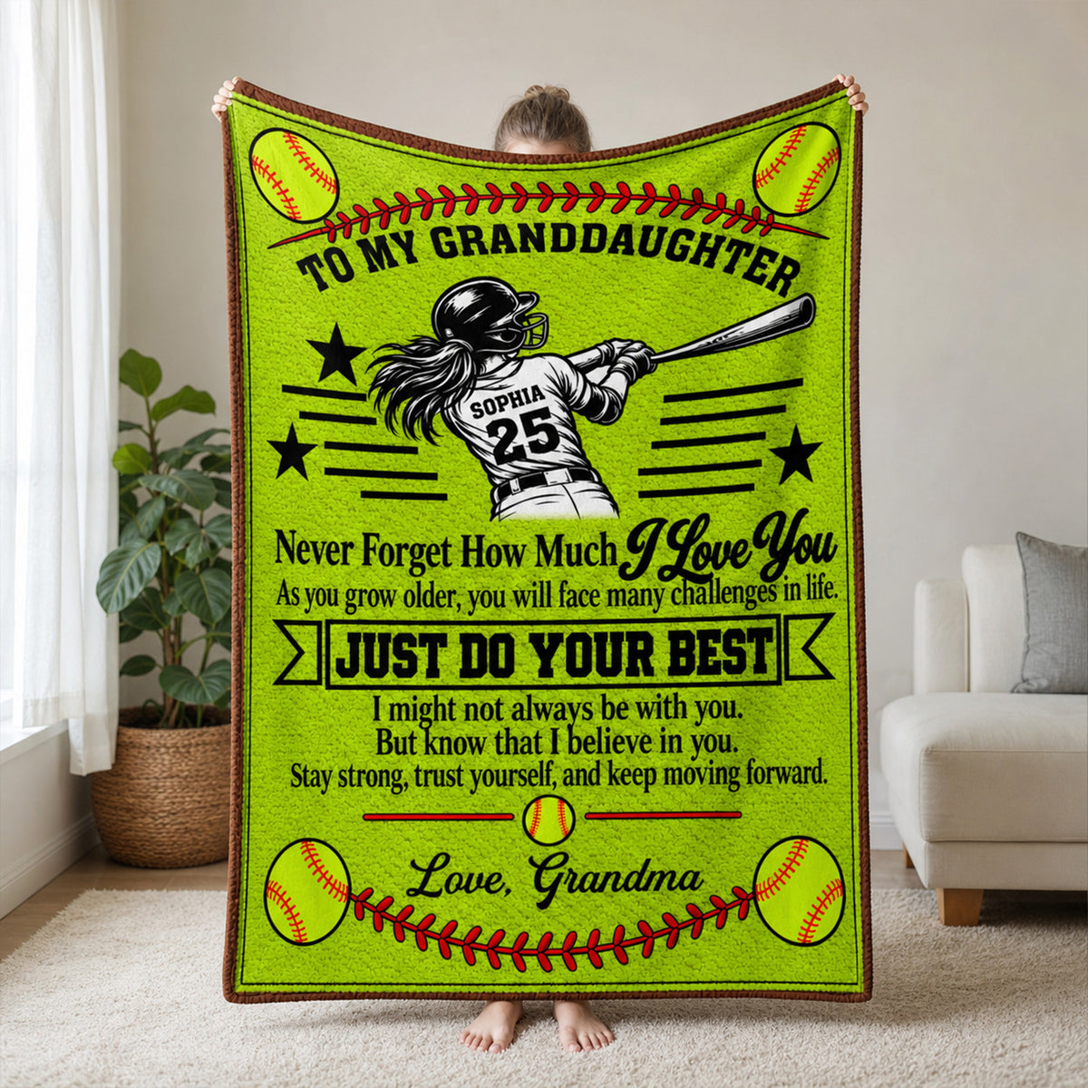 To My Granddaughter Softball - Personalized Blanket, Gift For Granddaughter, Softball Lovers Gift