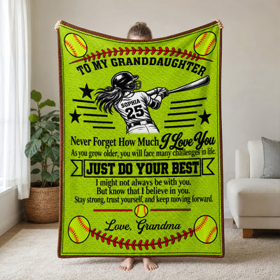 To My Granddaughter Softball - Personalized Blanket, Gift For Granddaughter, Softball Lovers Gift