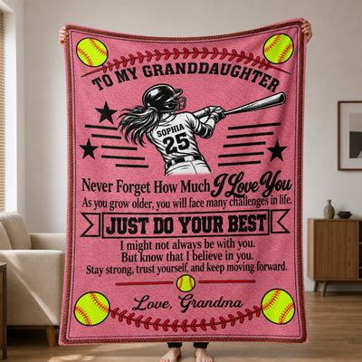 To My Granddaughter Softball - Personalized Blanket, Gift For Granddaughter, Softball Lovers Gift