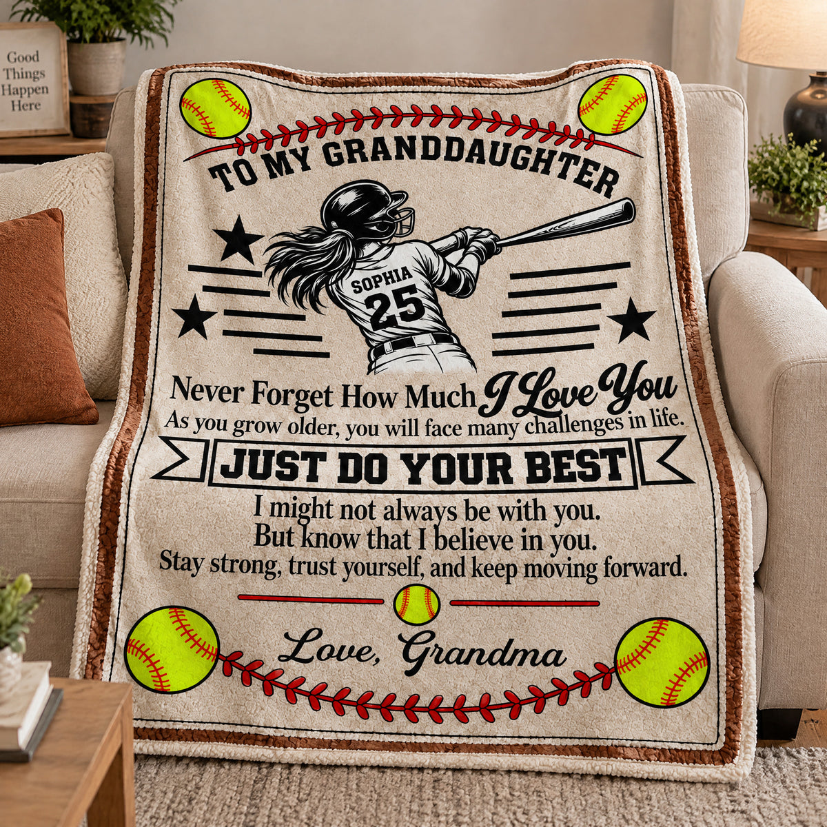 To My Granddaughter Softball - Personalized Blanket, Gift For Granddaughter, Softball Lovers Gift