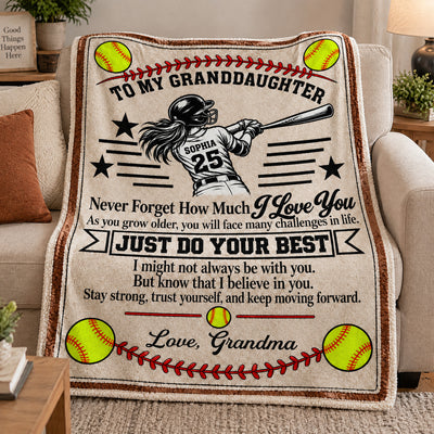 To My Granddaughter Softball - Personalized Blanket, Gift For Granddaughter, Softball Lovers Gift