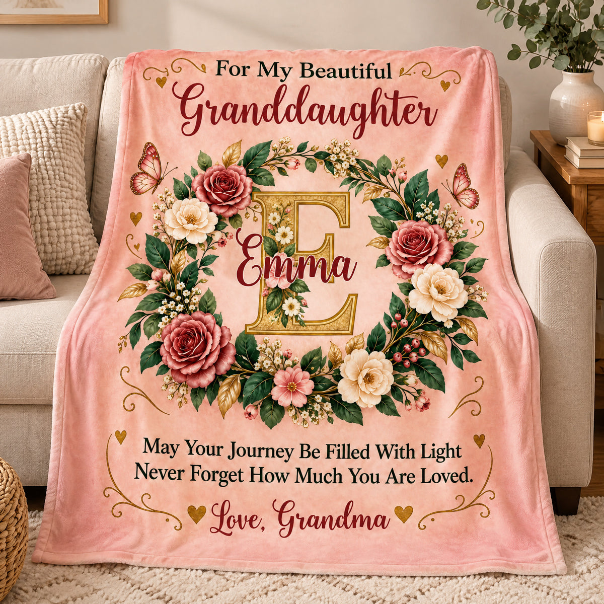 For My Beautiful Granddaughter-  Personalized Blanket,  Elegant Floral Wreath Initial Blanket for Granddaughter, Daughter Gift