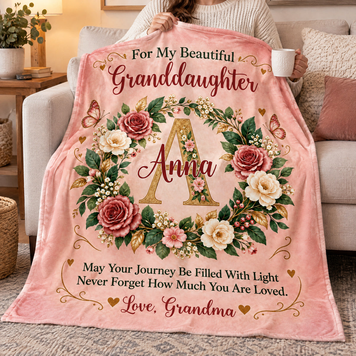 For My Beautiful Granddaughter-  Personalized Blanket,  Elegant Floral Wreath Initial Blanket for Granddaughter, Daughter Gift