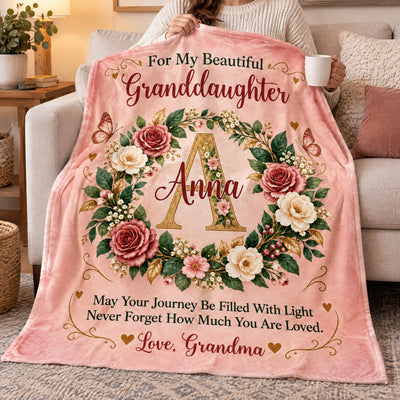 For My Beautiful Granddaughter-  Personalized Blanket,  Elegant Floral Wreath Initial Blanket for Granddaughter, Daughter Gift