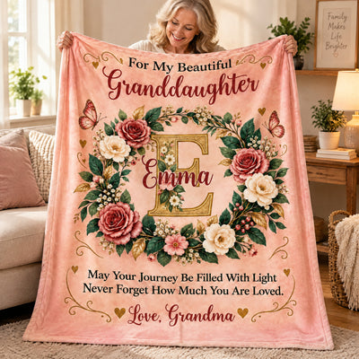 For My Beautiful Granddaughter-  Personalized Blanket,  Elegant Floral Wreath Initial Blanket for Granddaughter, Daughter Gift