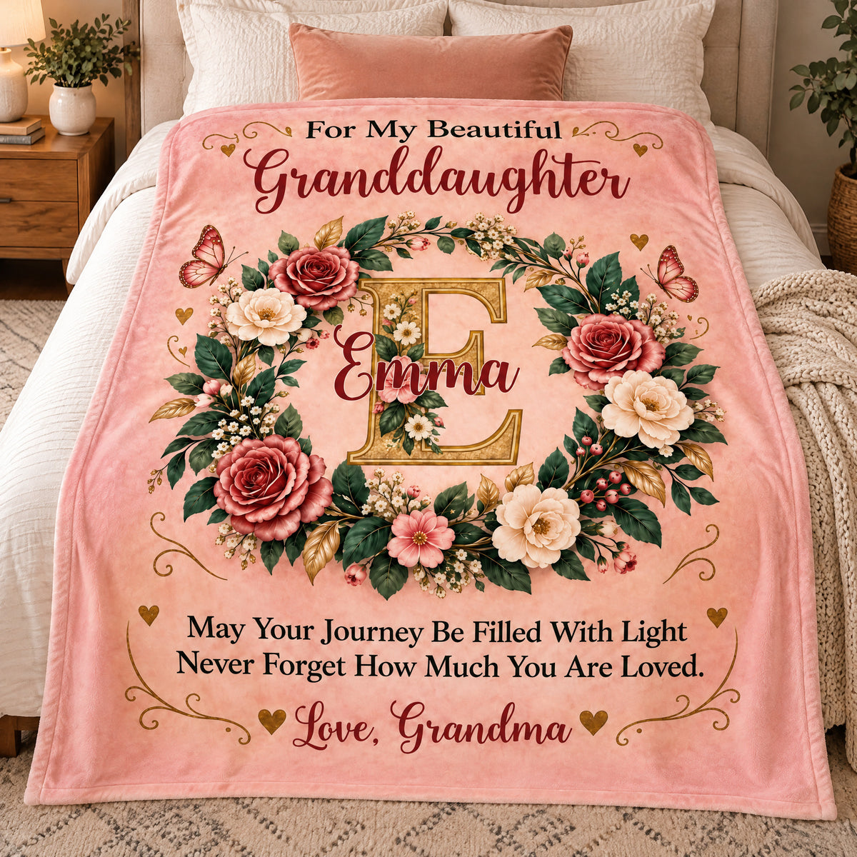 For My Beautiful Granddaughter-  Personalized Blanket,  Elegant Floral Wreath Initial Blanket for Granddaughter, Daughter Gift