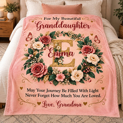 For My Beautiful Granddaughter-  Personalized Blanket,  Elegant Floral Wreath Initial Blanket for Granddaughter, Daughter Gift