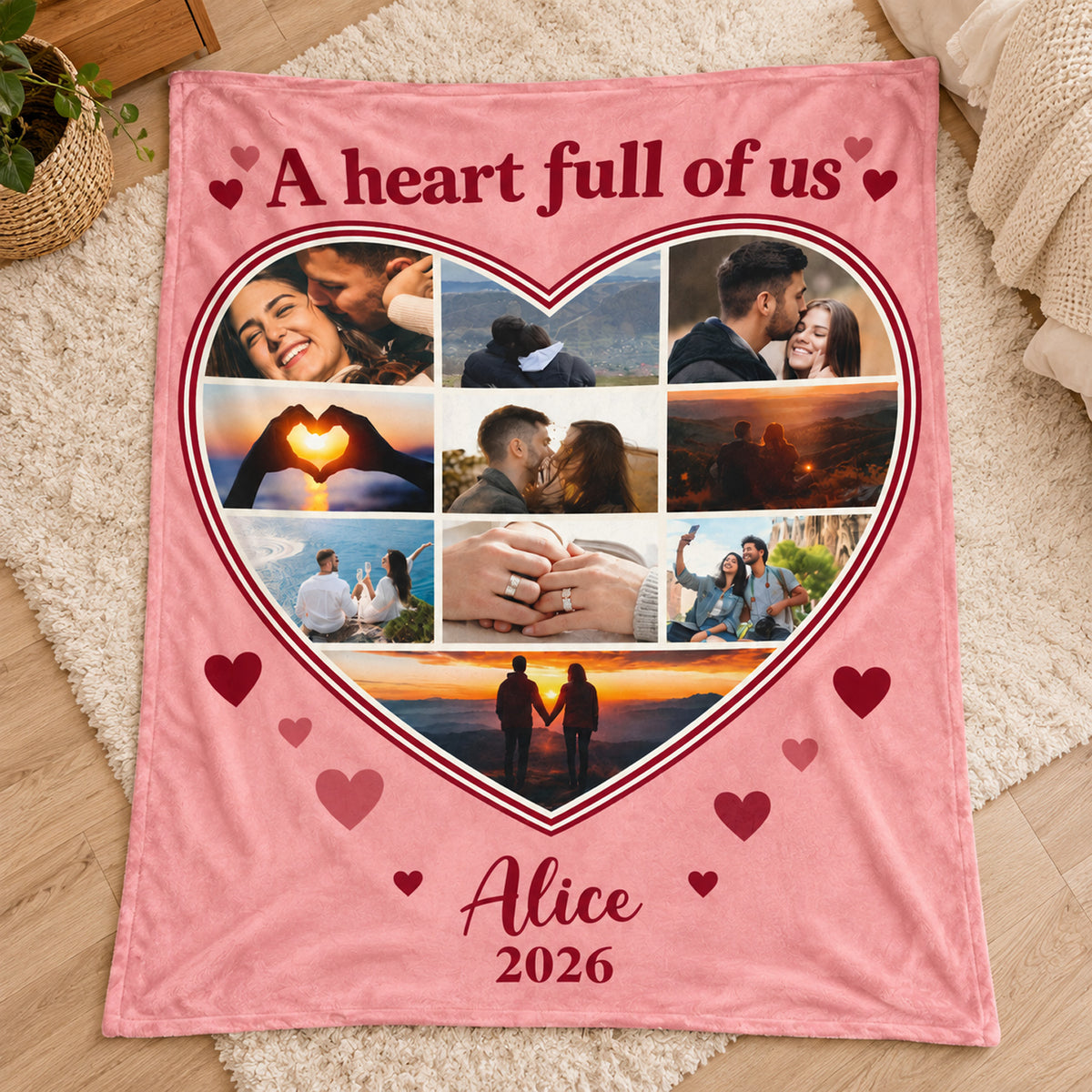 Personalized heart photo blanket laid flat on a fluffy cream rug, with name Alice and 2026 shown