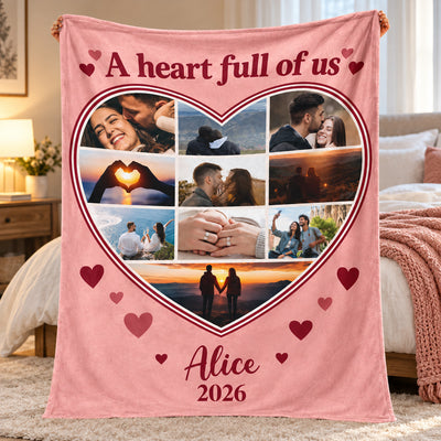 Personalized heart photo blanket held up in a bedroom with a pink knit throw and a lamp, name Alice
