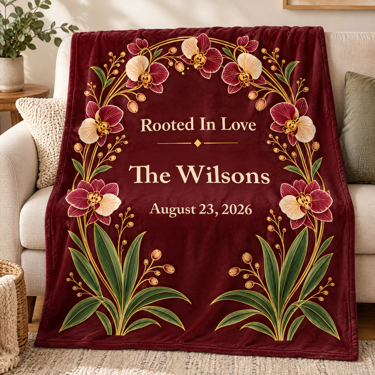 Personalized orchid arch blanket draped over a cream sofa with pillows and a side table