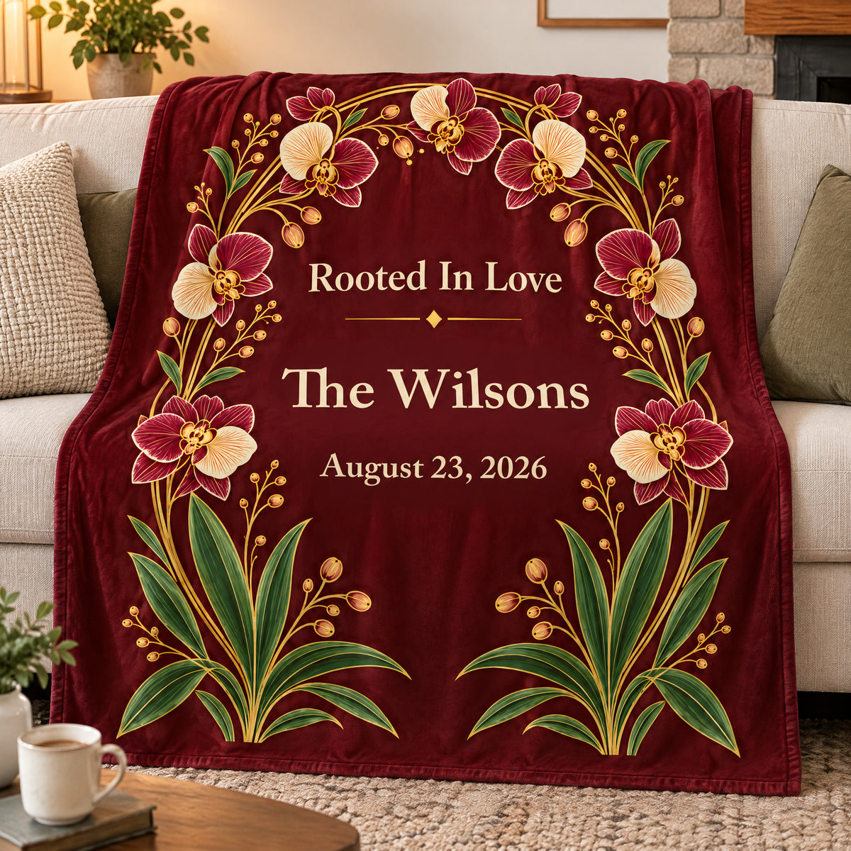 Personalized orchid arch blanket on a sofa beside a coffee cup and a stone fireplace