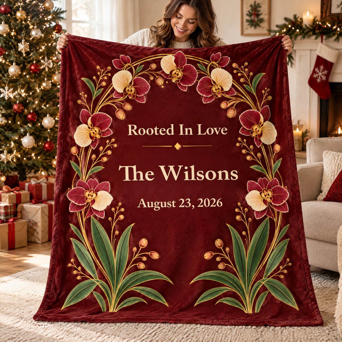 Personalized orchid arch blanket held up by a smiling woman near a Christmas tree and gifts