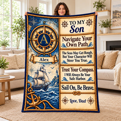 To My Son- Personalized Blanket, Vintage Nautical Compass Advice Blanket for Son, Gift For Son, Grandson