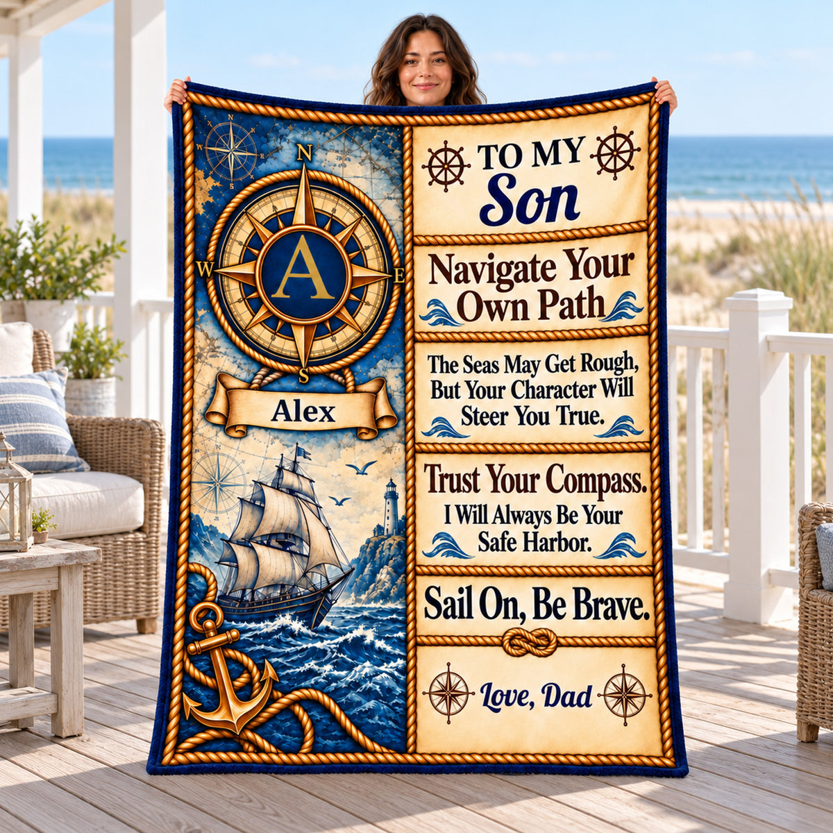To My Son- Personalized Blanket, Vintage Nautical Compass Advice Blanket for Son, Gift For Son, Grandson