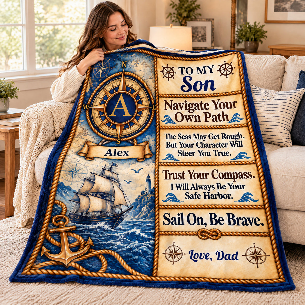 To My Son- Personalized Blanket, Vintage Nautical Compass Advice Blanket for Son, Gift For Son, Grandson