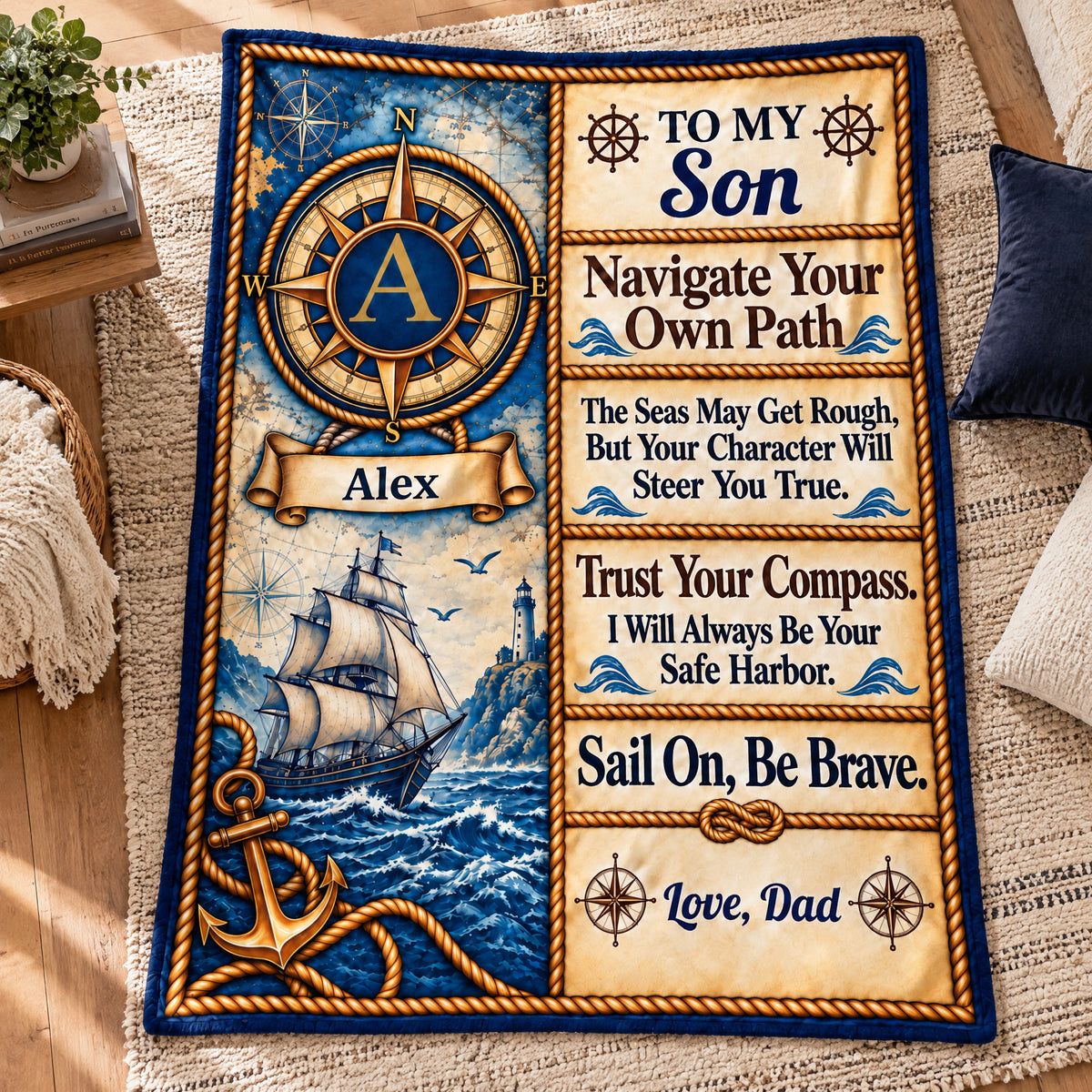 To My Son- Personalized Blanket, Vintage Nautical Compass Advice Blanket for Son, Gift For Son, Grandson