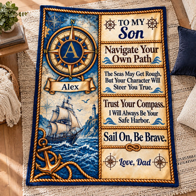 To My Son- Personalized Blanket, Vintage Nautical Compass Advice Blanket for Son, Gift For Son, Grandson