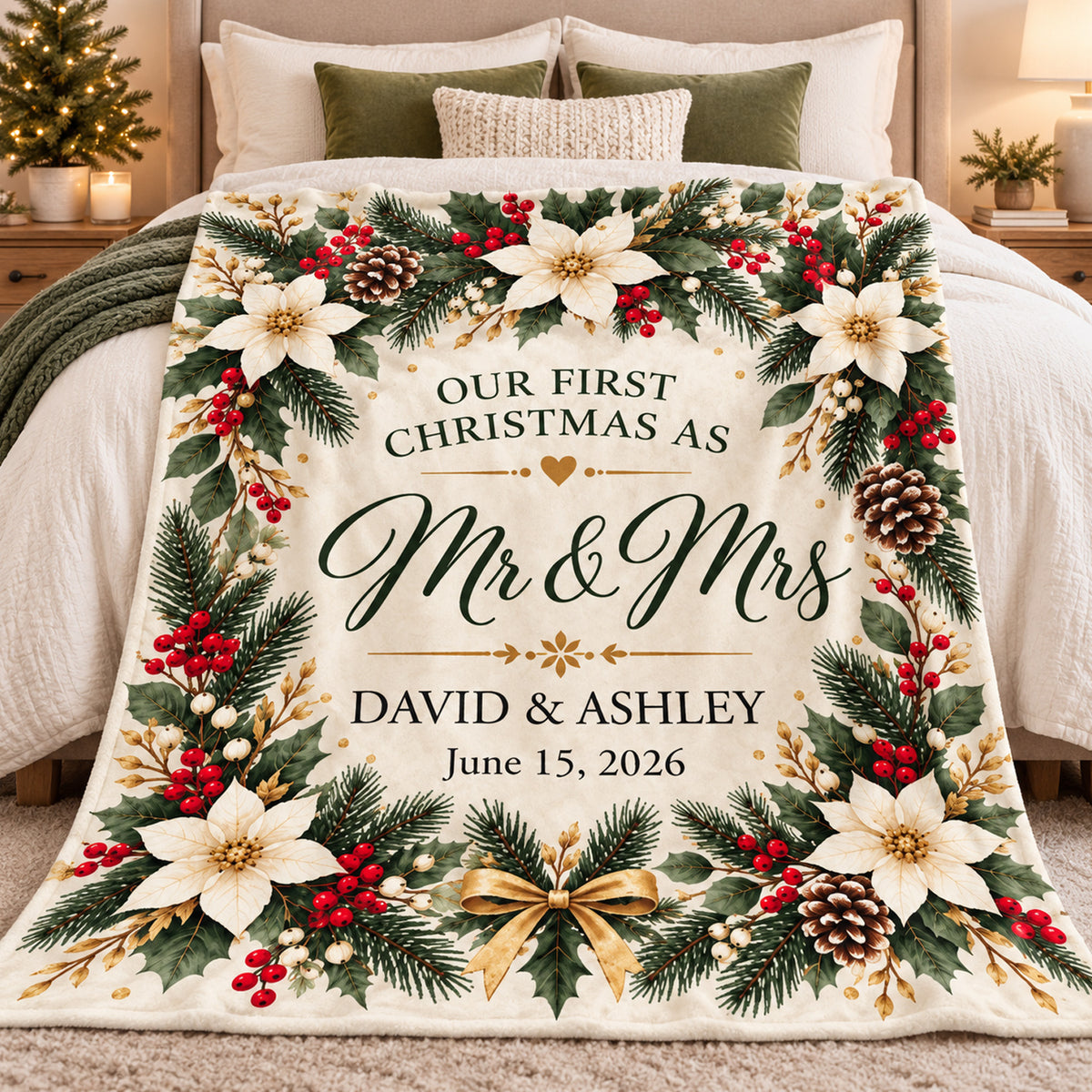 Elegant Winter Wreath First Christmas - Personalized Blanket, Cozy Fireplace First Christmas Couple Keepsake