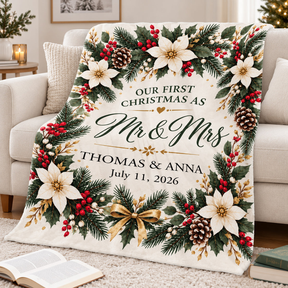 Elegant Winter Wreath First Christmas - Personalized Blanket, Cozy Fireplace First Christmas Couple Keepsake